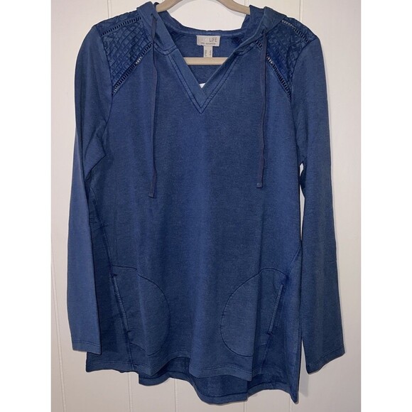LOGO Life Lori Goldstein Hoodie Size Small Blue French Terry Pullover V-Neck - Picture 1 of 8
